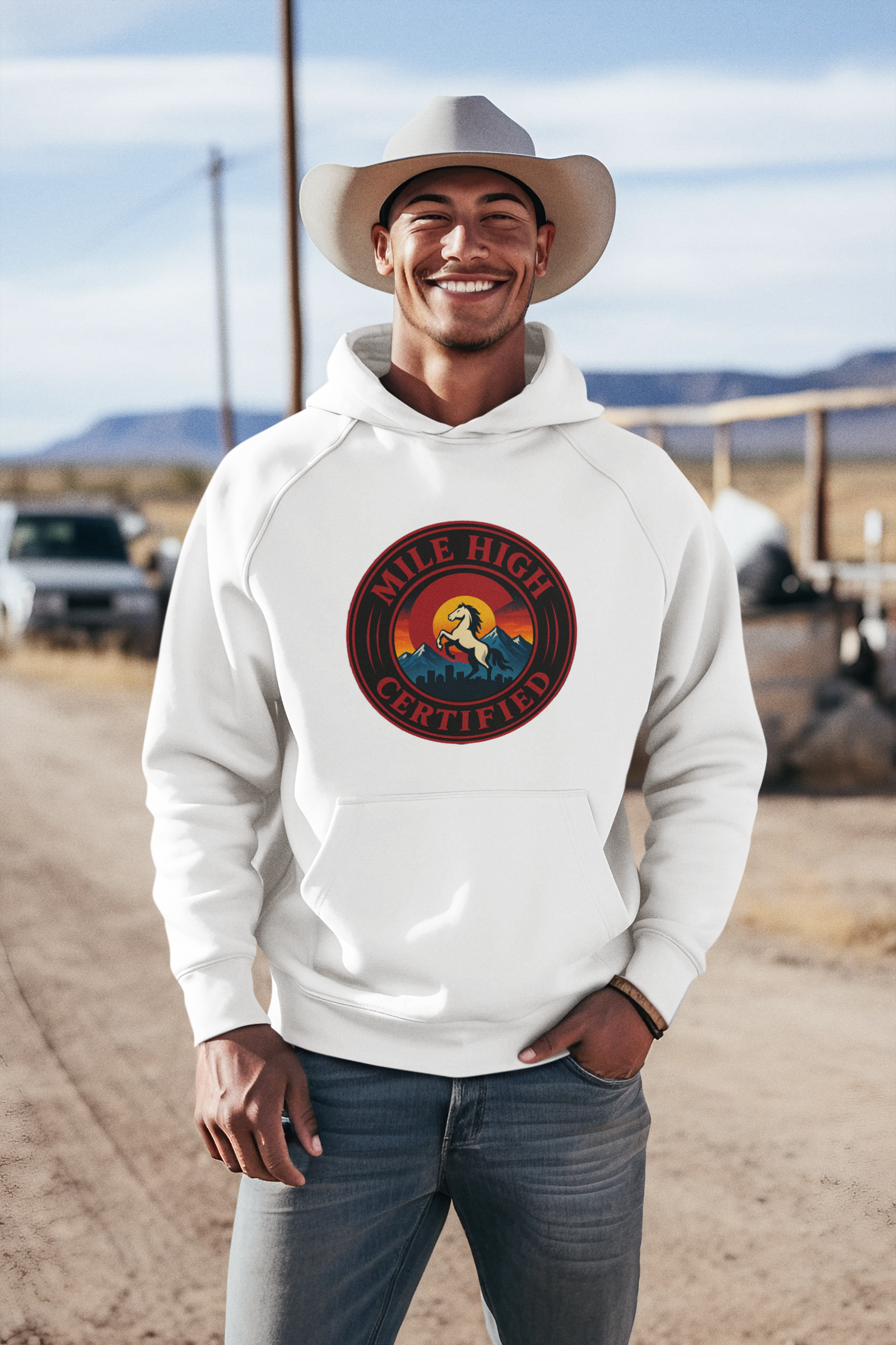 Man wearing a white hoodie with a logo and text, standing in a desert-like setting.