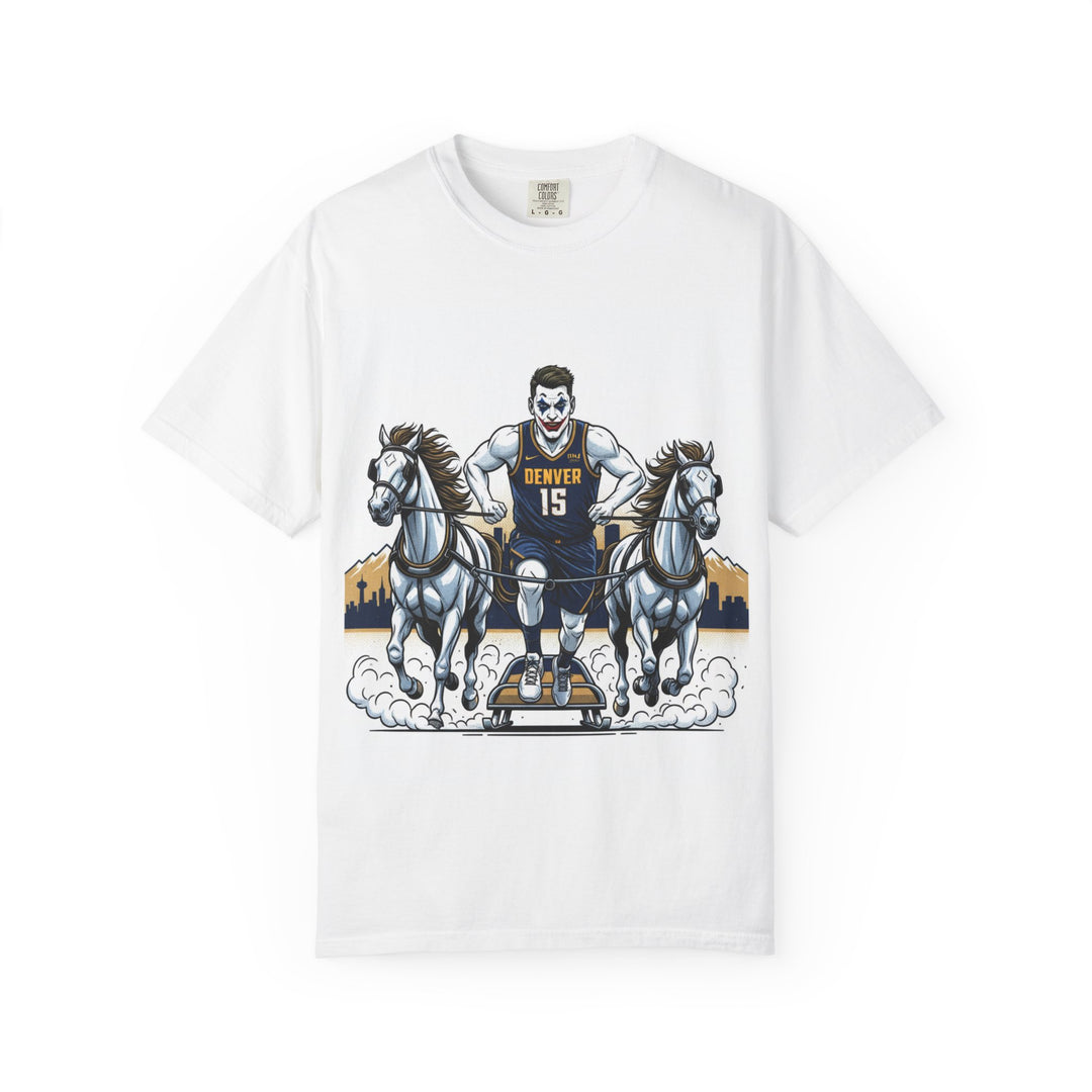 White t-shirt with a graphic of a person on a chariot pulled by horses